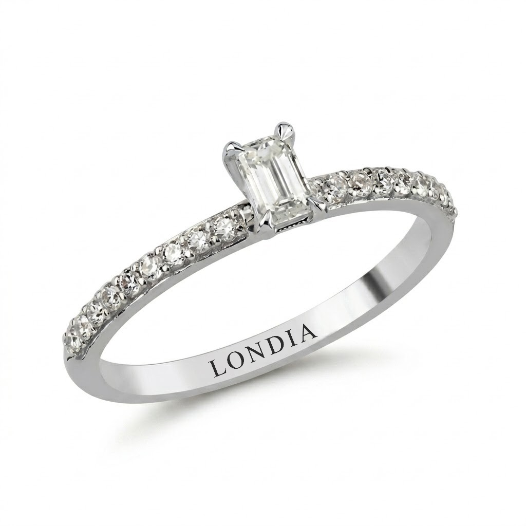 0.45 Ct. Natural Diamond Emerald Cut Design Ring with Side Stones, 14K Gold
