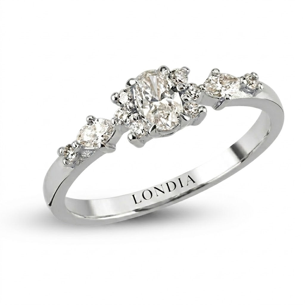 0.45 Ct. Natural Oval Diamond Side Stone Ring, 14K Gold