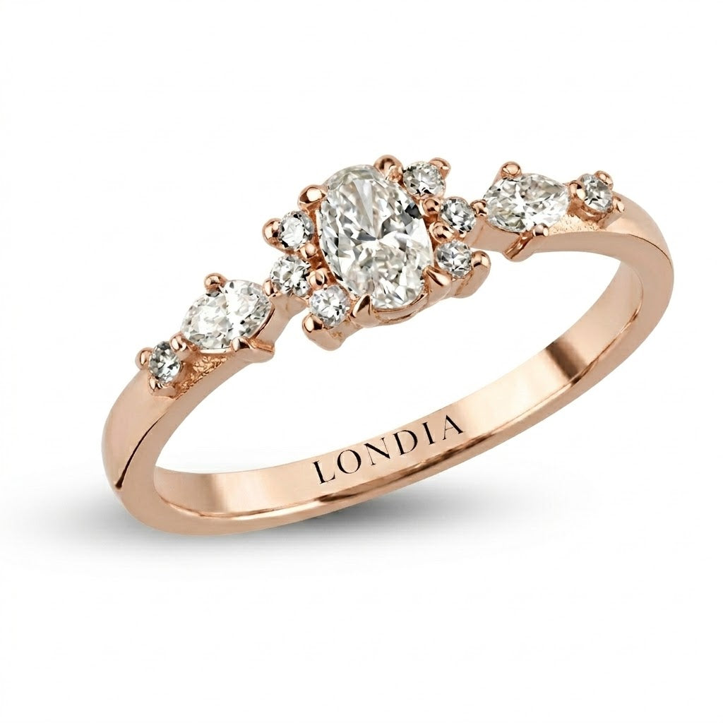 0.45 Ct. Natural Oval Diamond Side Stone Ring, 14K Gold