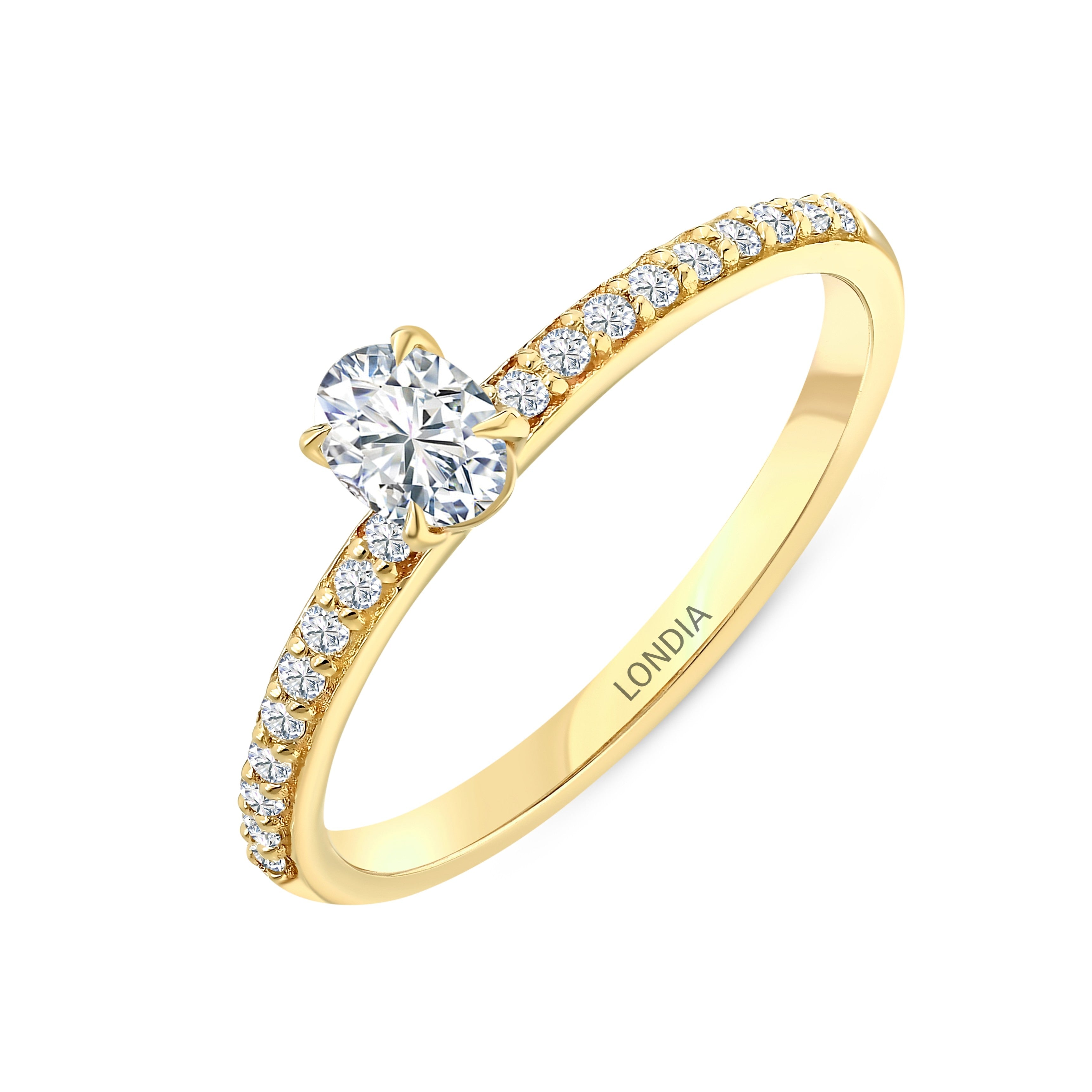 0.45 Ct. Natural Diamond Oval Solitaire ''Side Stone'' Ring in 14K Gold