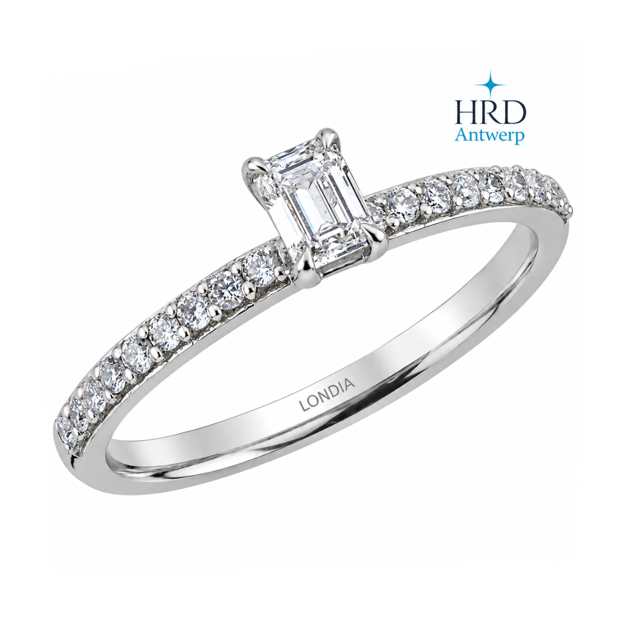 0.50 Ct. F Color HRD Certified Emerald Cut Diamond Side Stone Ring
