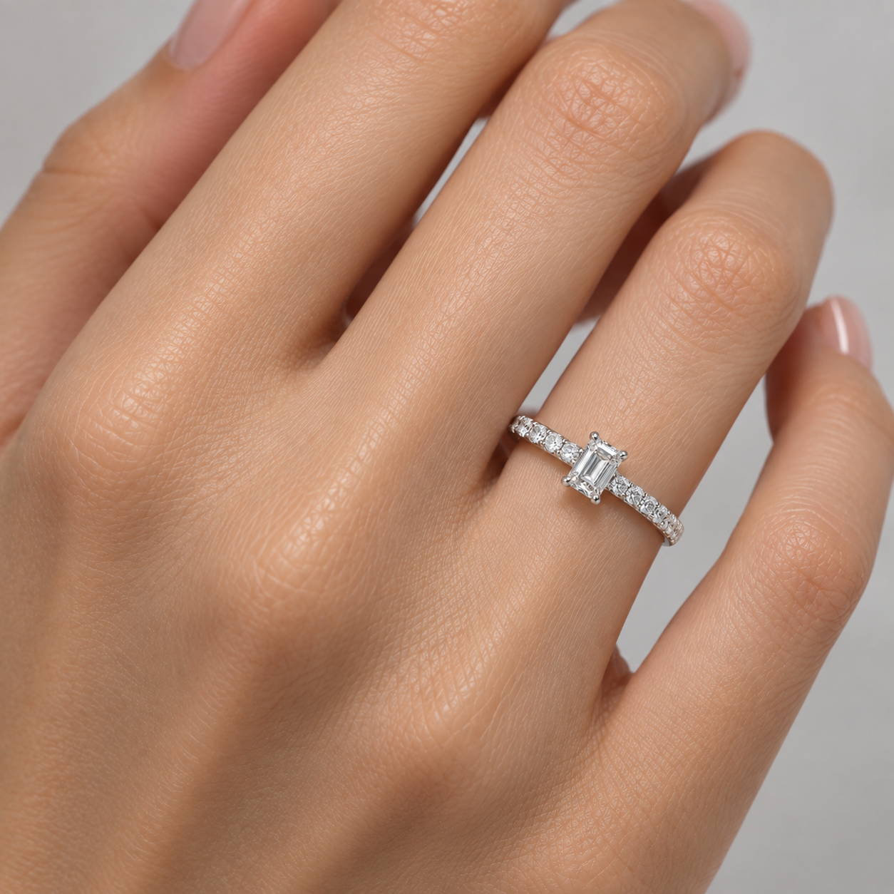 0.50 Ct. F Color HRD Certified Emerald Cut Diamond Side Stone Ring