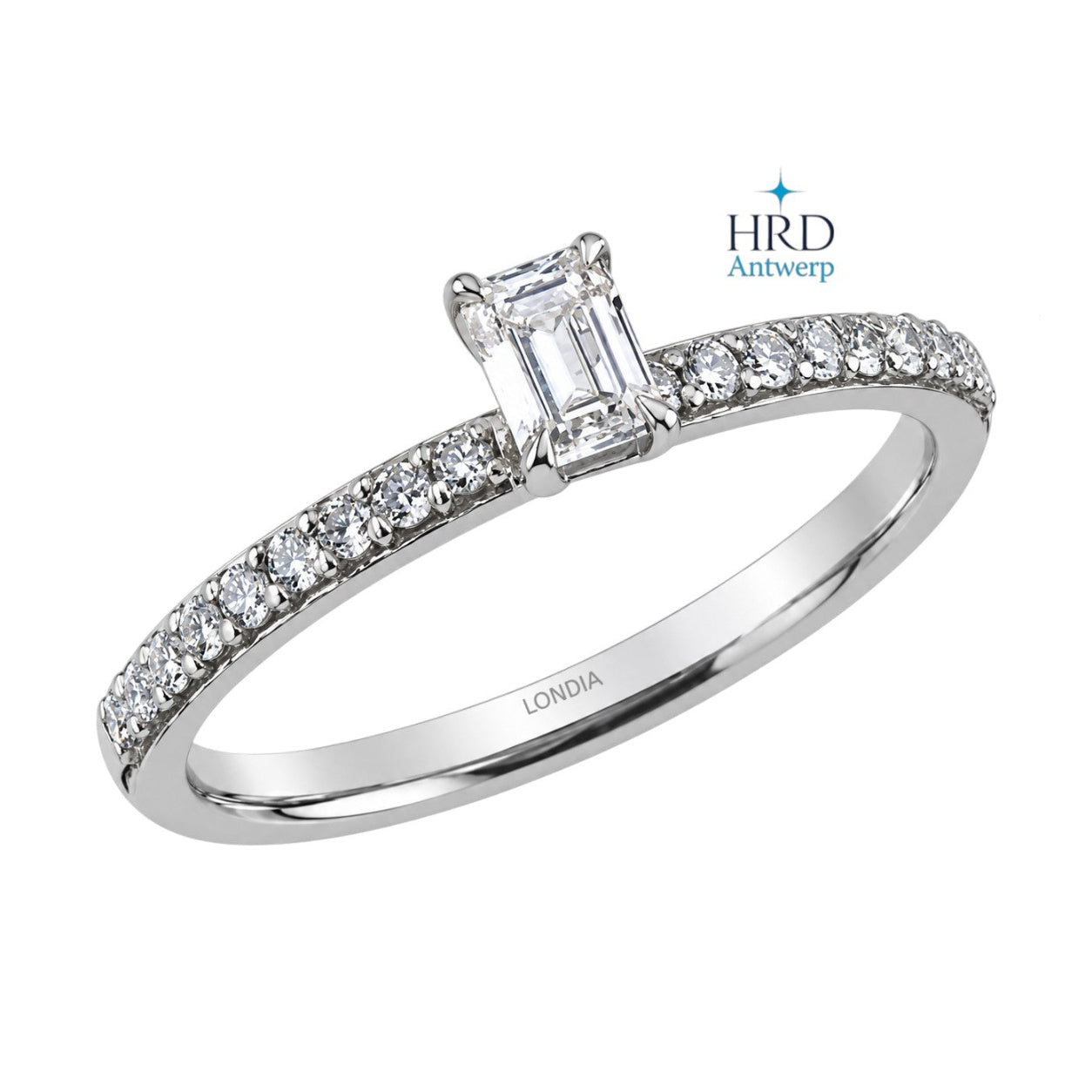 0.55 Ct. F Color HRD Certified Emerald Cut Diamond Side Stone Ring