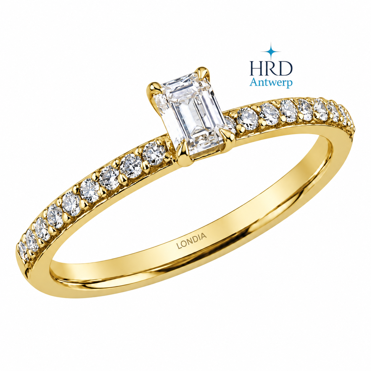 0.55 Ct. F Color HRD Certified Emerald Cut Diamond Side Stone Ring