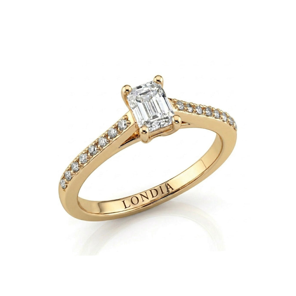 0.60 Ct. Natural Diamond Emerald Cut Design Ring with Side Stones, 14K Gold