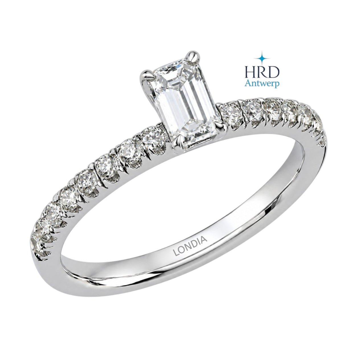 0.65 Ct. F Color HRD Certified Emerald Cut Diamond Side Stone Ring