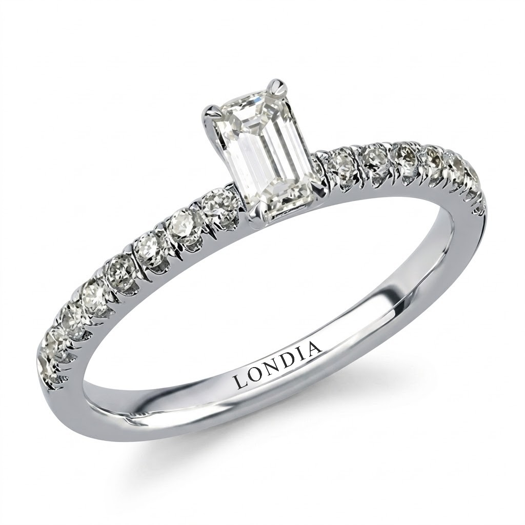0.70 Ct. Natural Diamond Emerald Cut Design Ring with Side Stones, 18K Gold