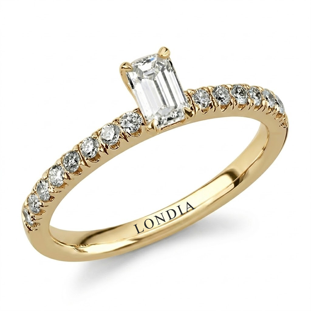 0.70 Ct. Natural Diamond Emerald Cut Design Ring with Side Stones, 18K Gold