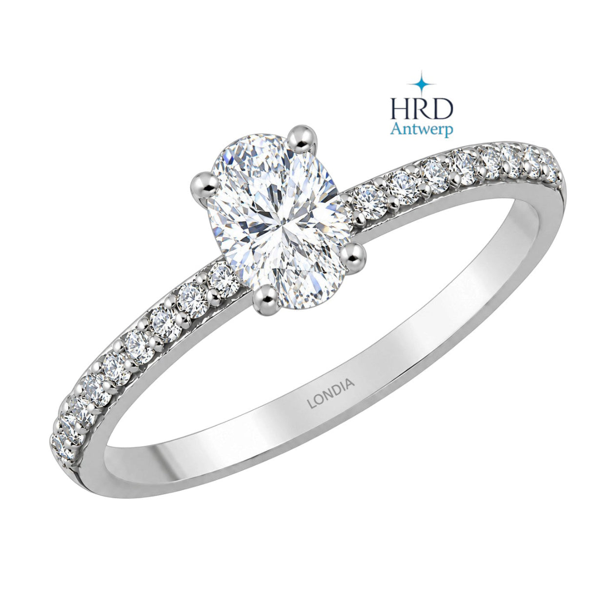 0.70 Carat F Color HRD Certified Oval Diamond Ring with Side Stones