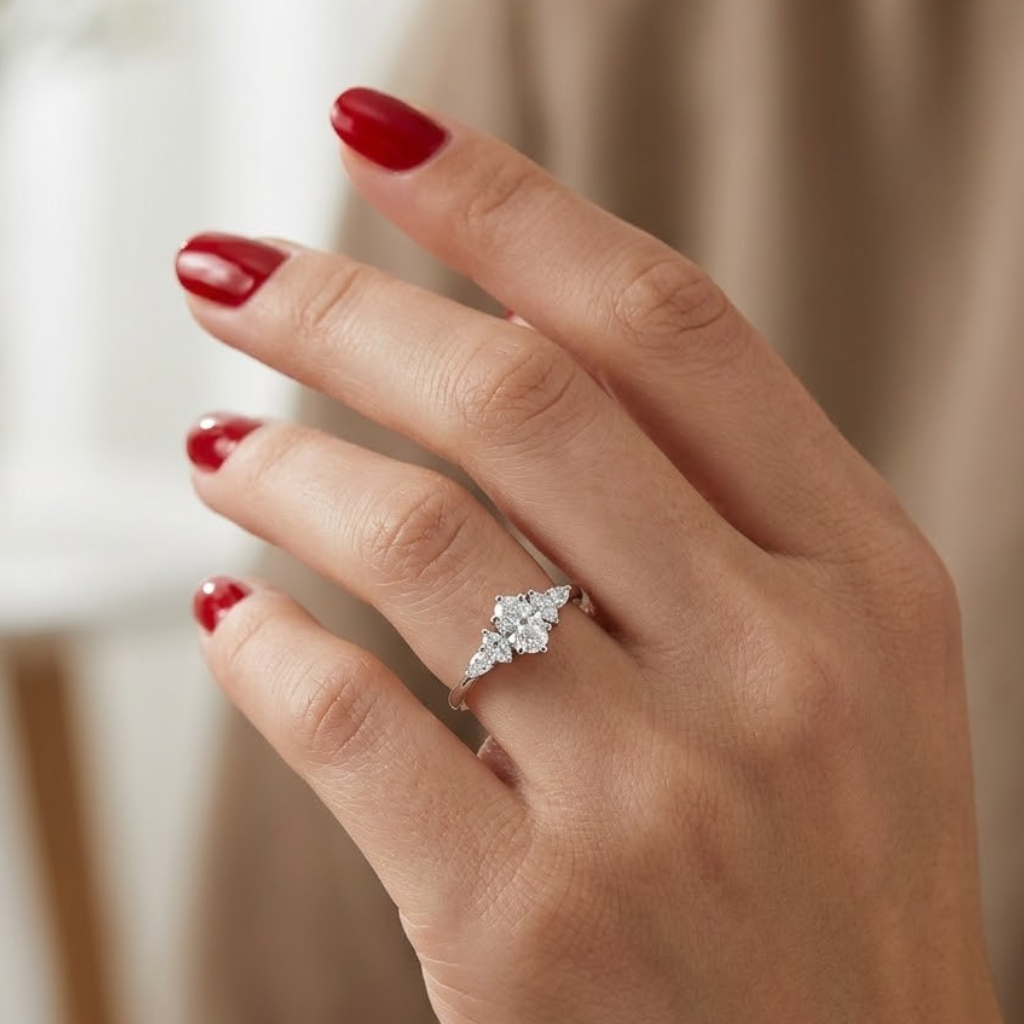 0.80 Ct. Natural Oval Diamond Ring with Marquise & Pear Side Diamonds