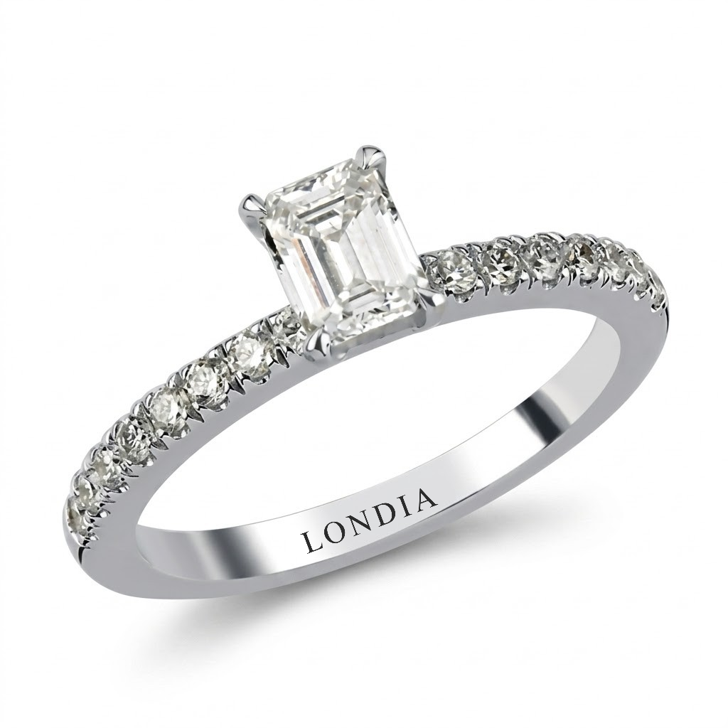 0.85 Ct. Natural Diamond Emerald Cut Design Ring with Side Stones, 18K Gold
