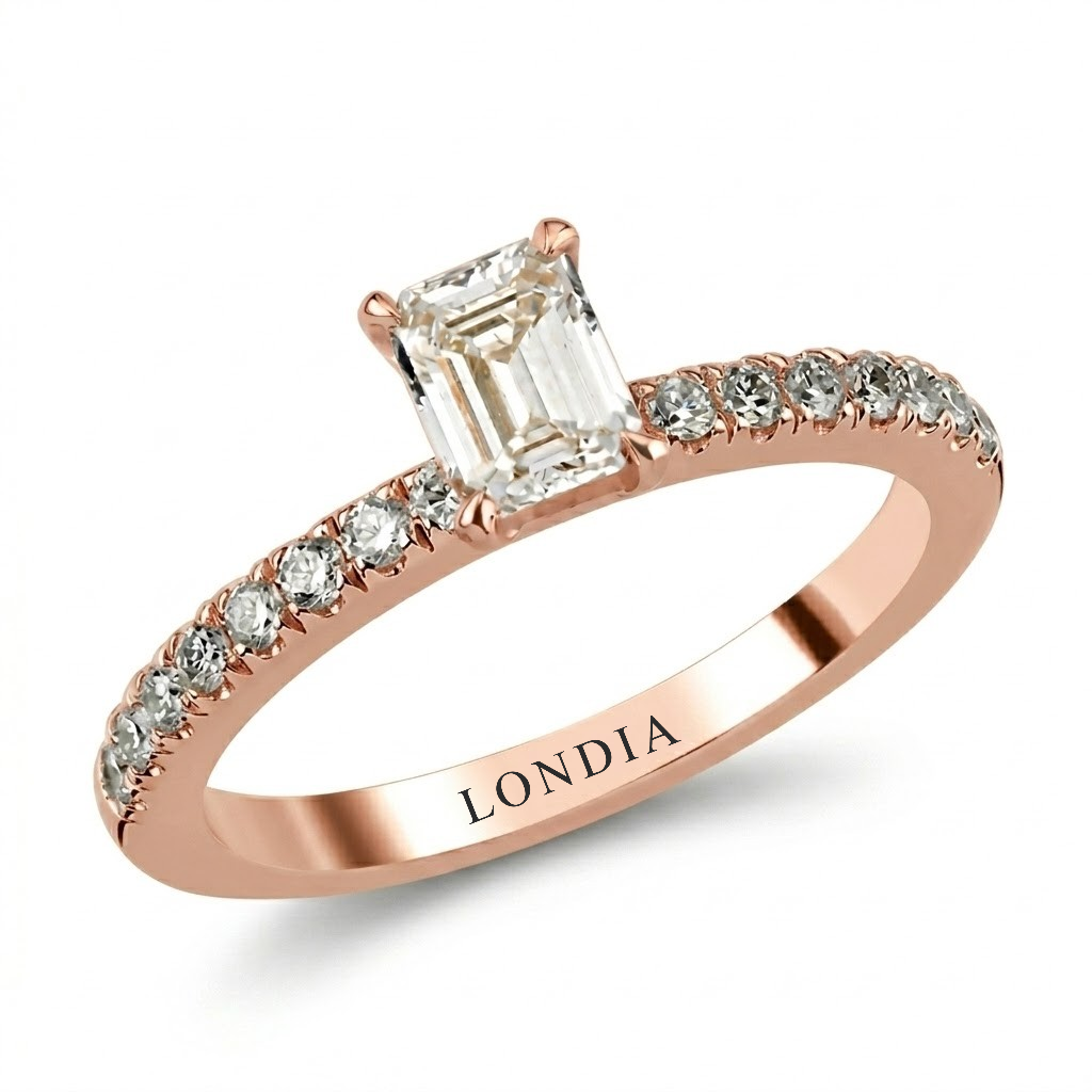 0.85 Ct. Natural Diamond Emerald Cut Design Ring with Side Stones, 18K Gold