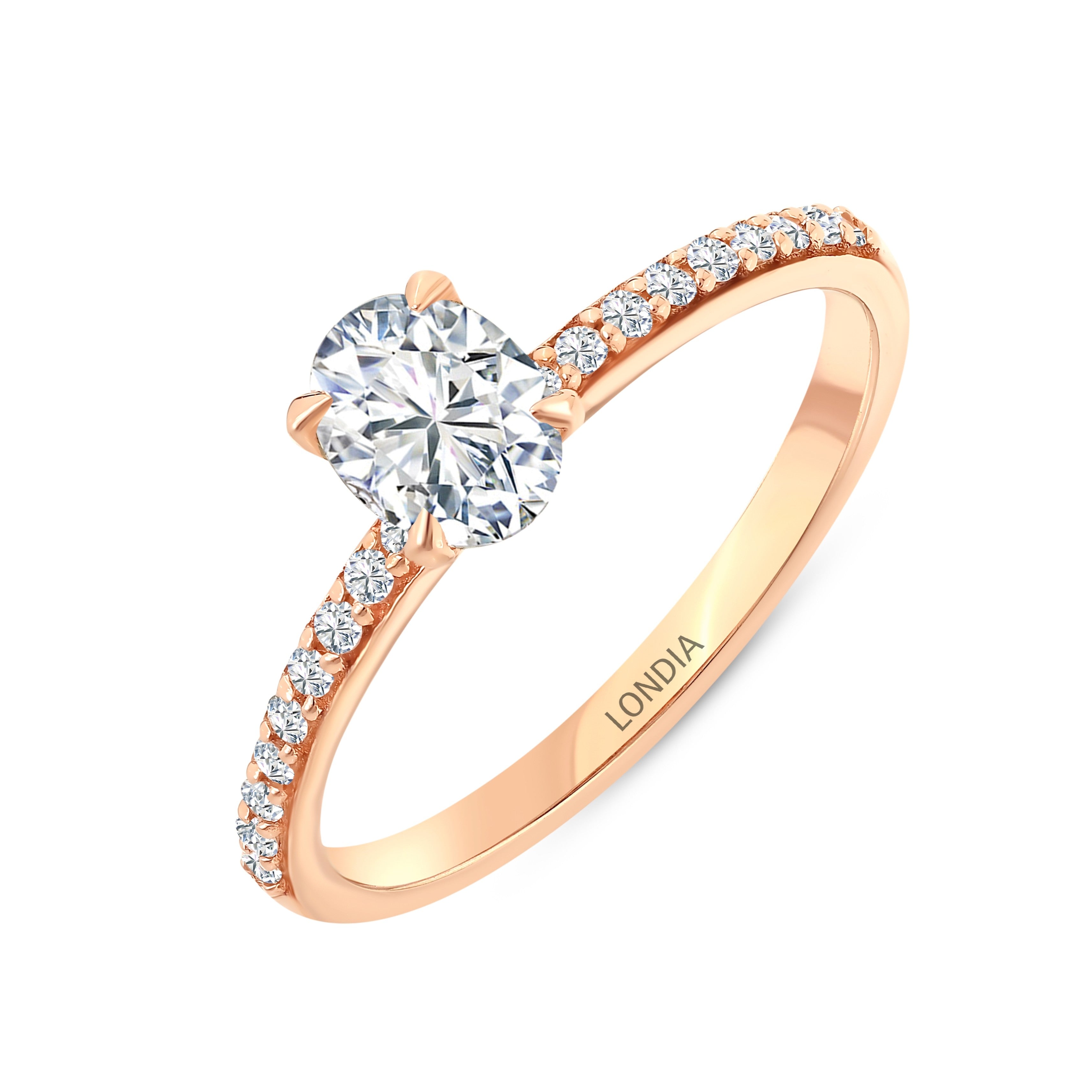0.85 Ct. Natural Diamond Oval Solitaire ''Side Stone'' Ring in 14K Gold