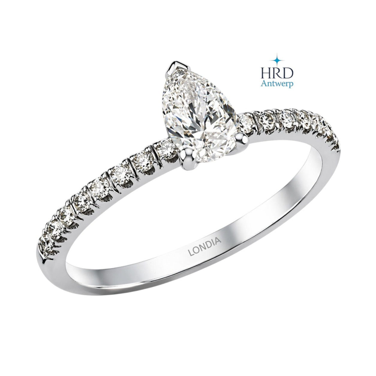 0.90 Ct. F Color HRD Certified Pear Cut Diamond Ring with Side Stones