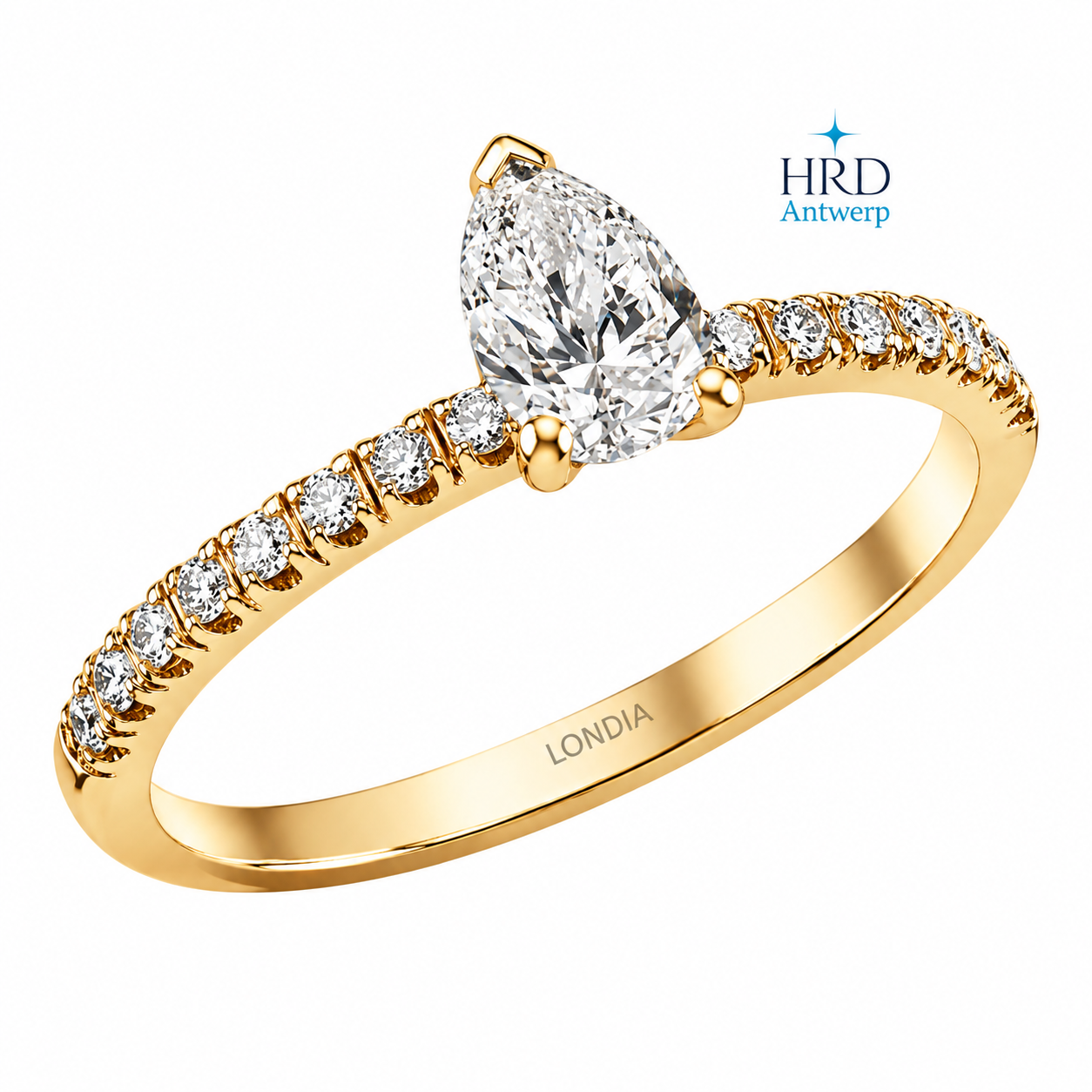 0.90 Ct. F Color HRD Certified Pear Cut Diamond Ring with Side Stones