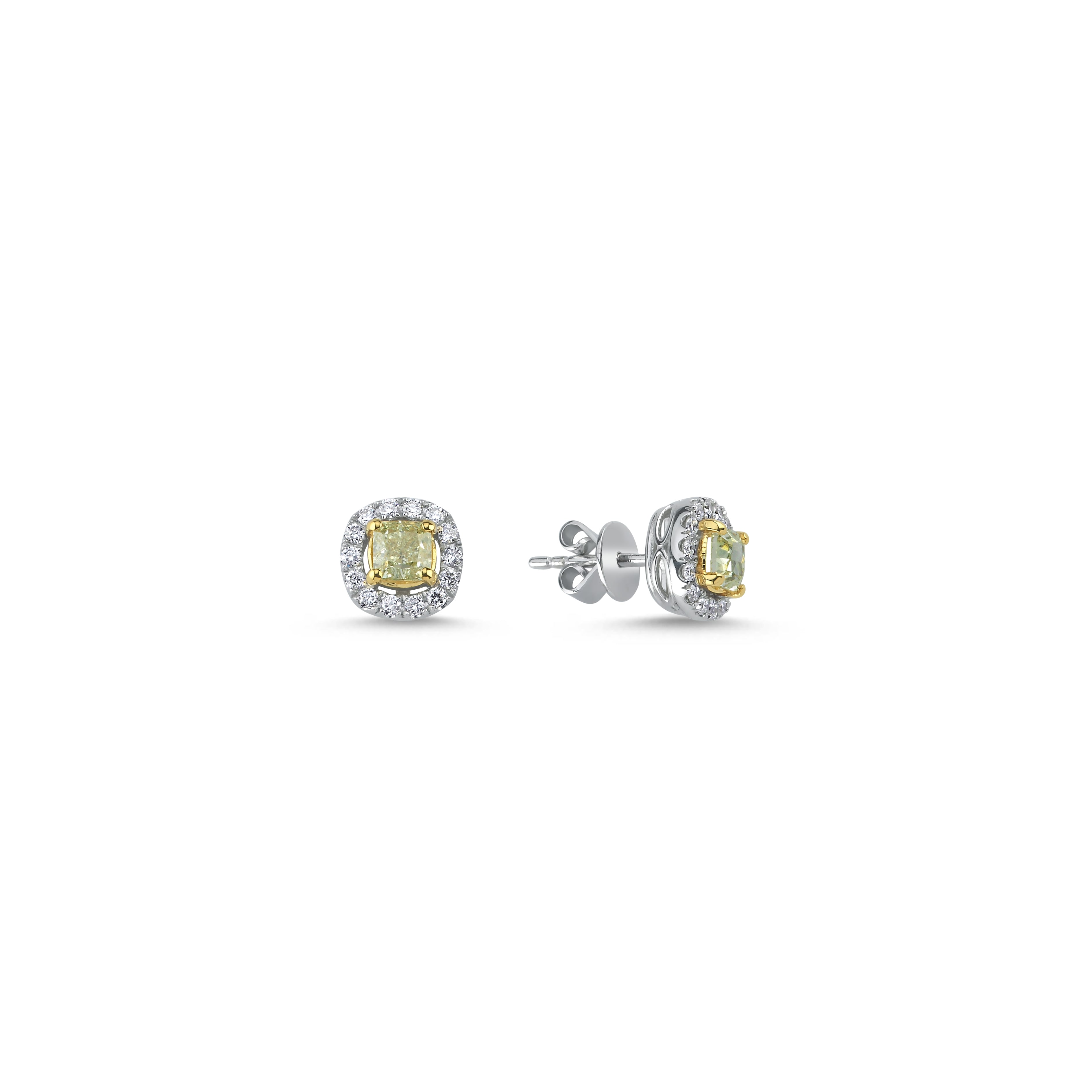 1.00 Carat Fancy Yellow Cushion Diamond 14K Gold Earrings
