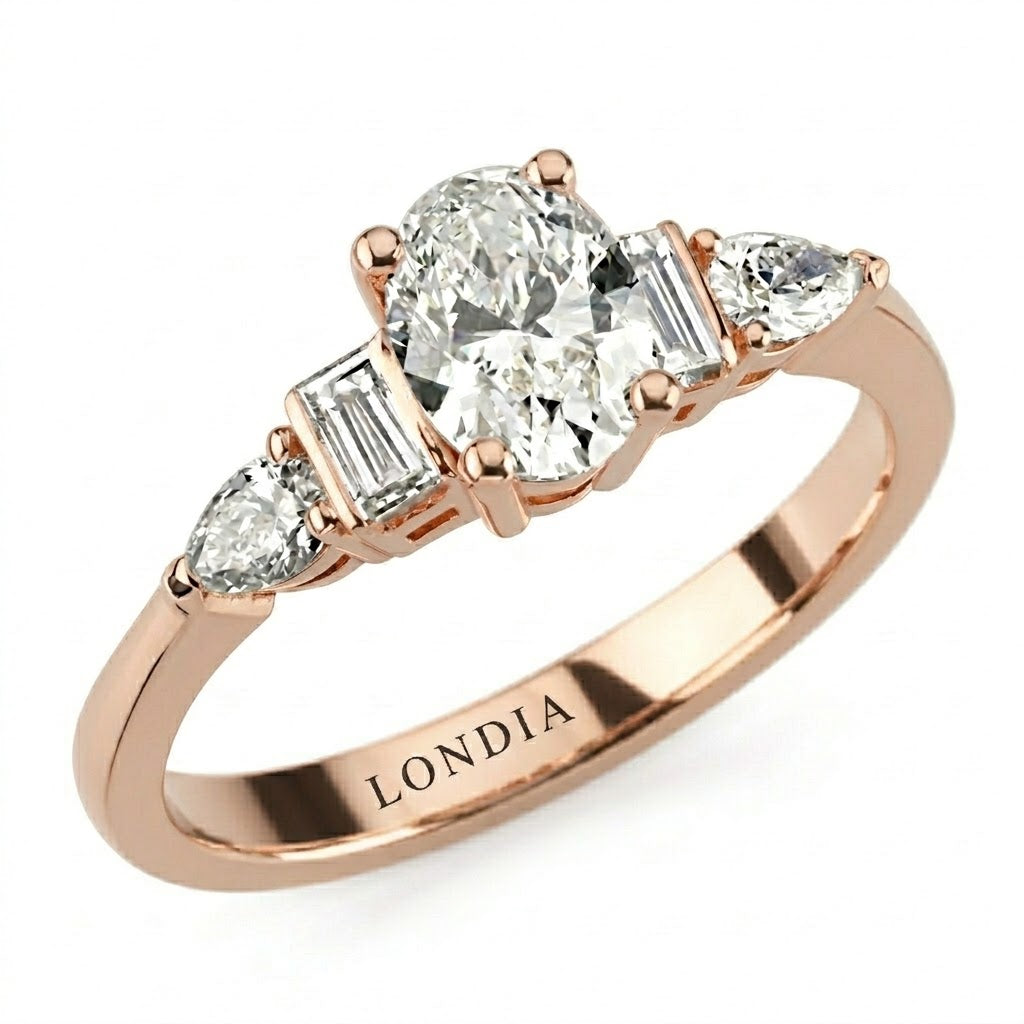 1.05 Ct. Natural Oval Diamond Side-Stone Ring, 18K Gold