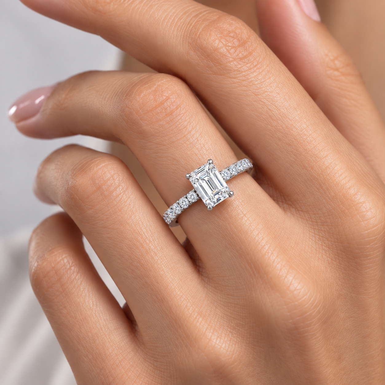 1.20 Ct. F Color HRD Certified Emerald Cut Diamond Side Stone Ring