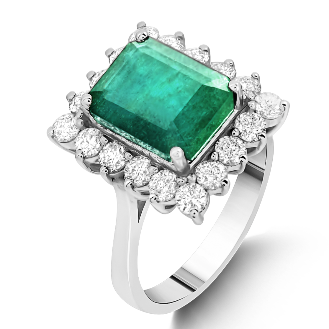 1.25 Ct. Natural Diamond And 3.55 Ct. Natural Emerald Halo Ring In 18K Gold