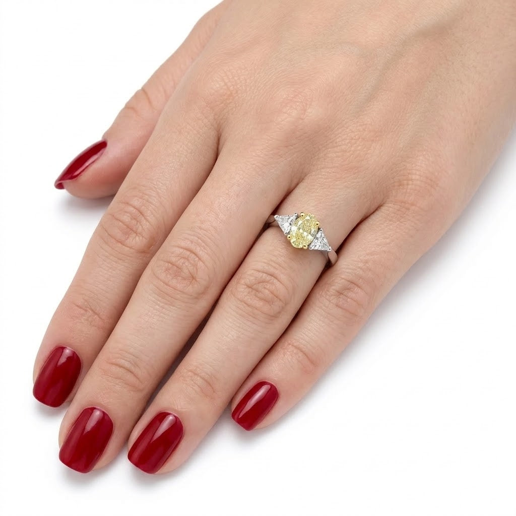 1.35 Carat Fancy Yellow Diamond Side Stone Ring in 14K Solid Gold