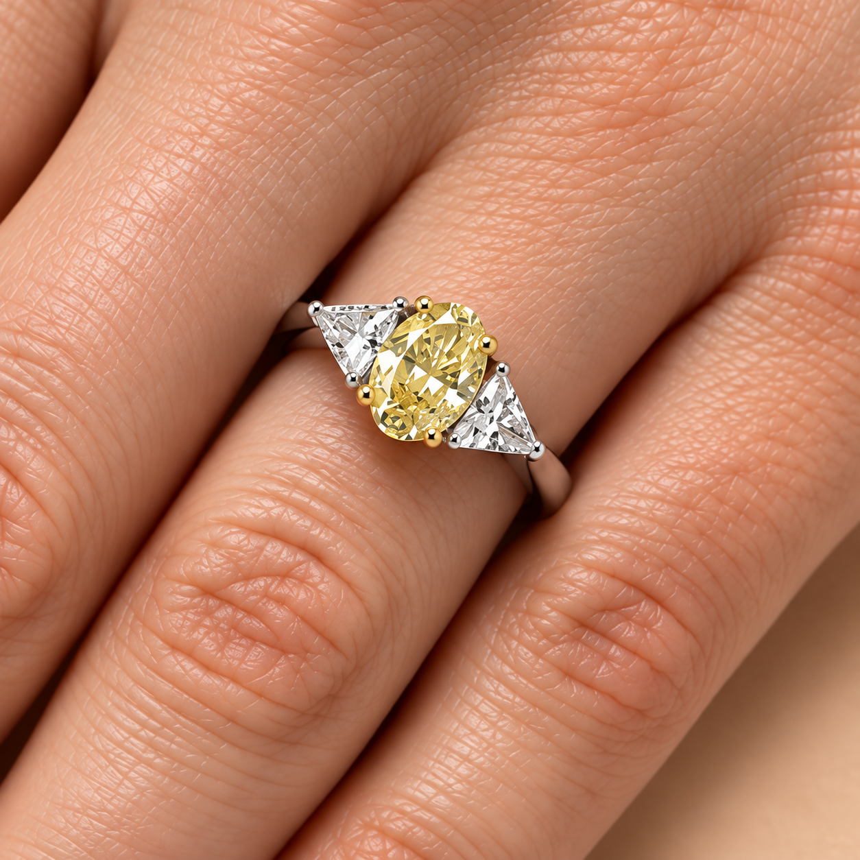 1.35 Ct. Natural Fancy Yellow Diamond Side Stone Design Ring