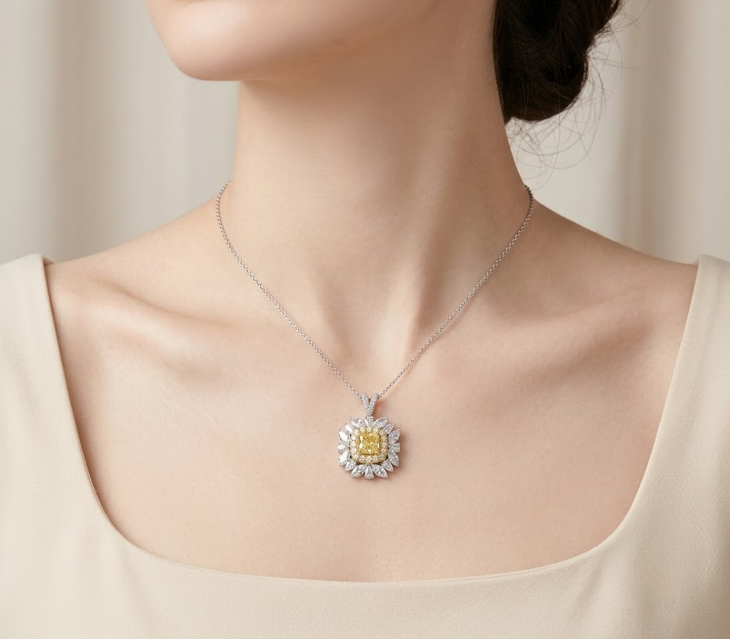 1.90 Ct. Fancy Yellow Diamond Necklace in 18K Solid Gold