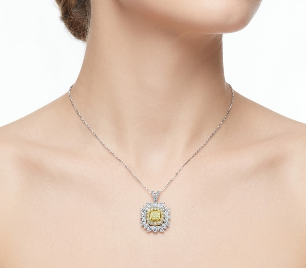 1.90 Ct. Fancy Yellow Diamond Necklace in 18K Solid Gold
