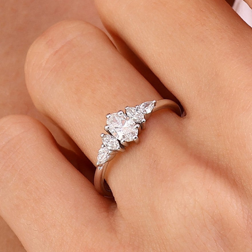 1 Carat Natural Oval Diamond Ring with Marquise and Pear Side Stones