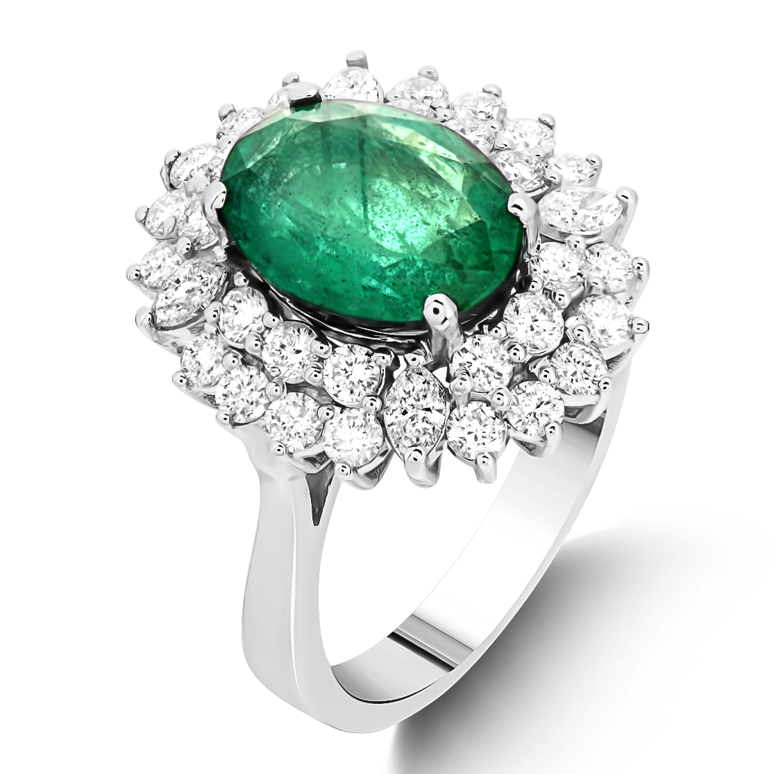 3.80 Ct. Natural Diamond And 1.50 Ct. Natural Emerald Halo Ring In 18K Gold
