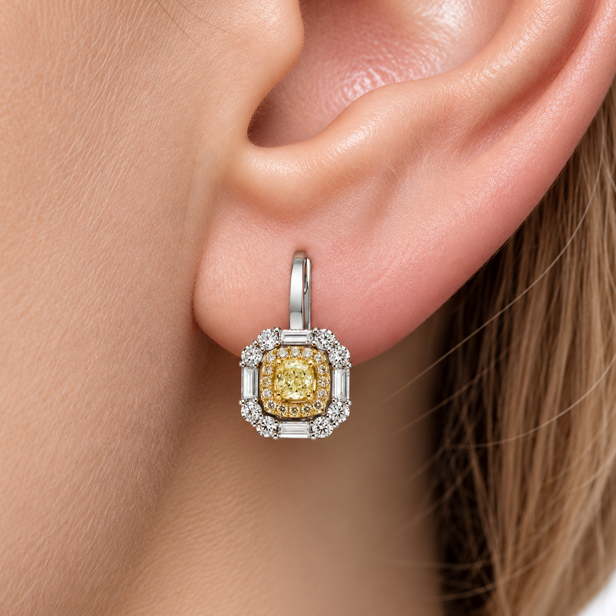 3 Carat Natural Fancy Yellow Diamond Cushion Design Earrings