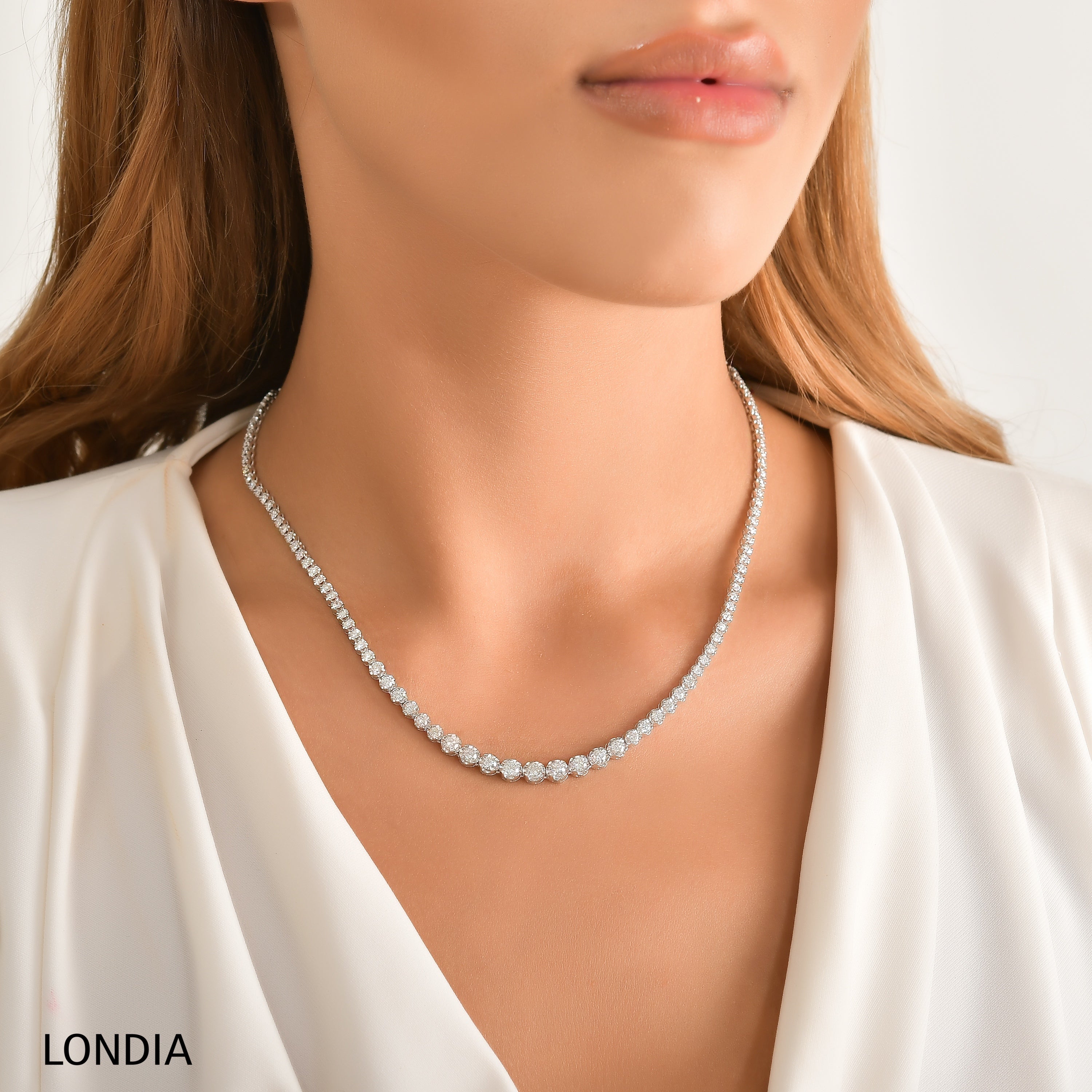 4.00 CTW Diamond Crown Design Graduated Tennis Necklace 14k Fine Gold