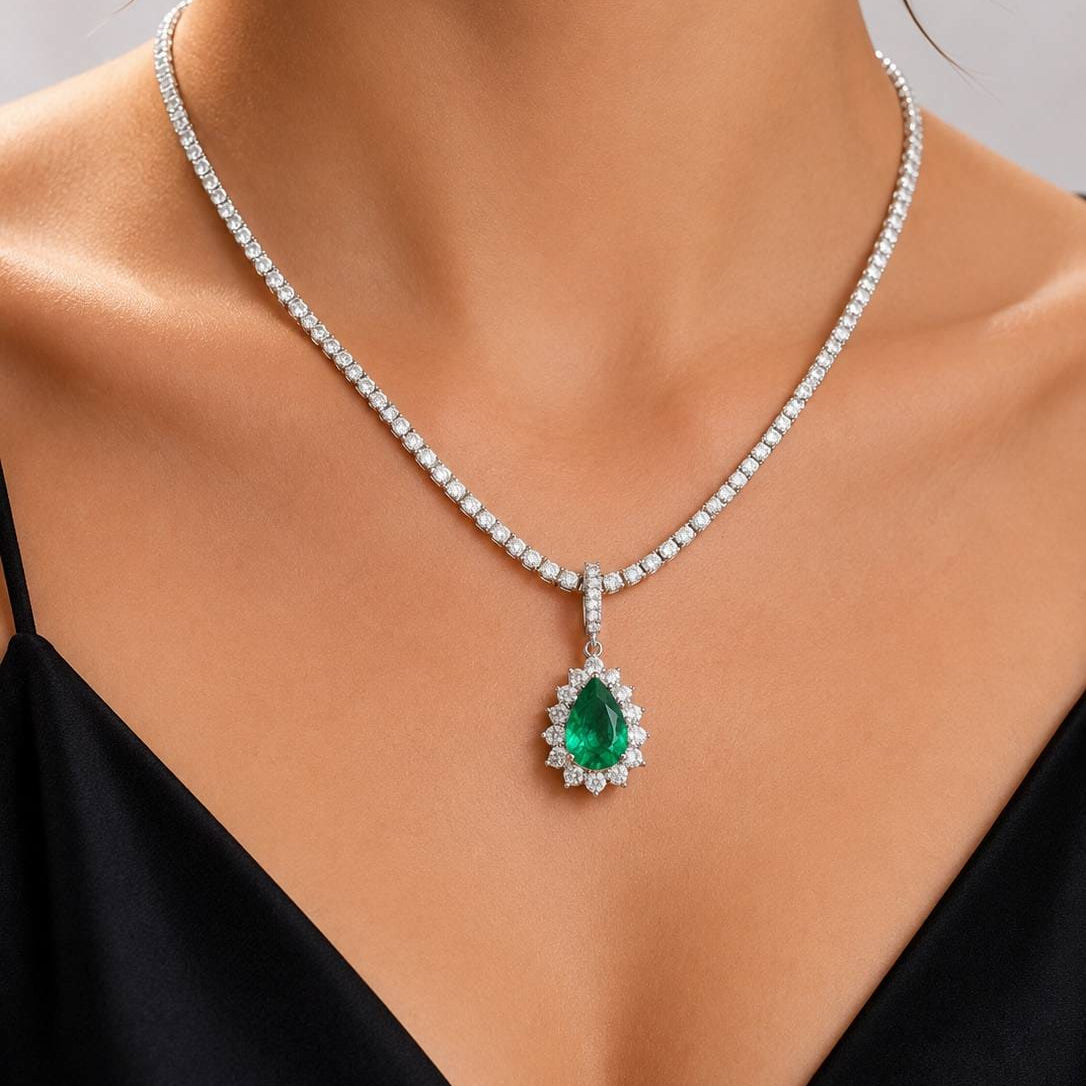 4.70 Carat Natural Emerald and Diamond Design Charm Necklace