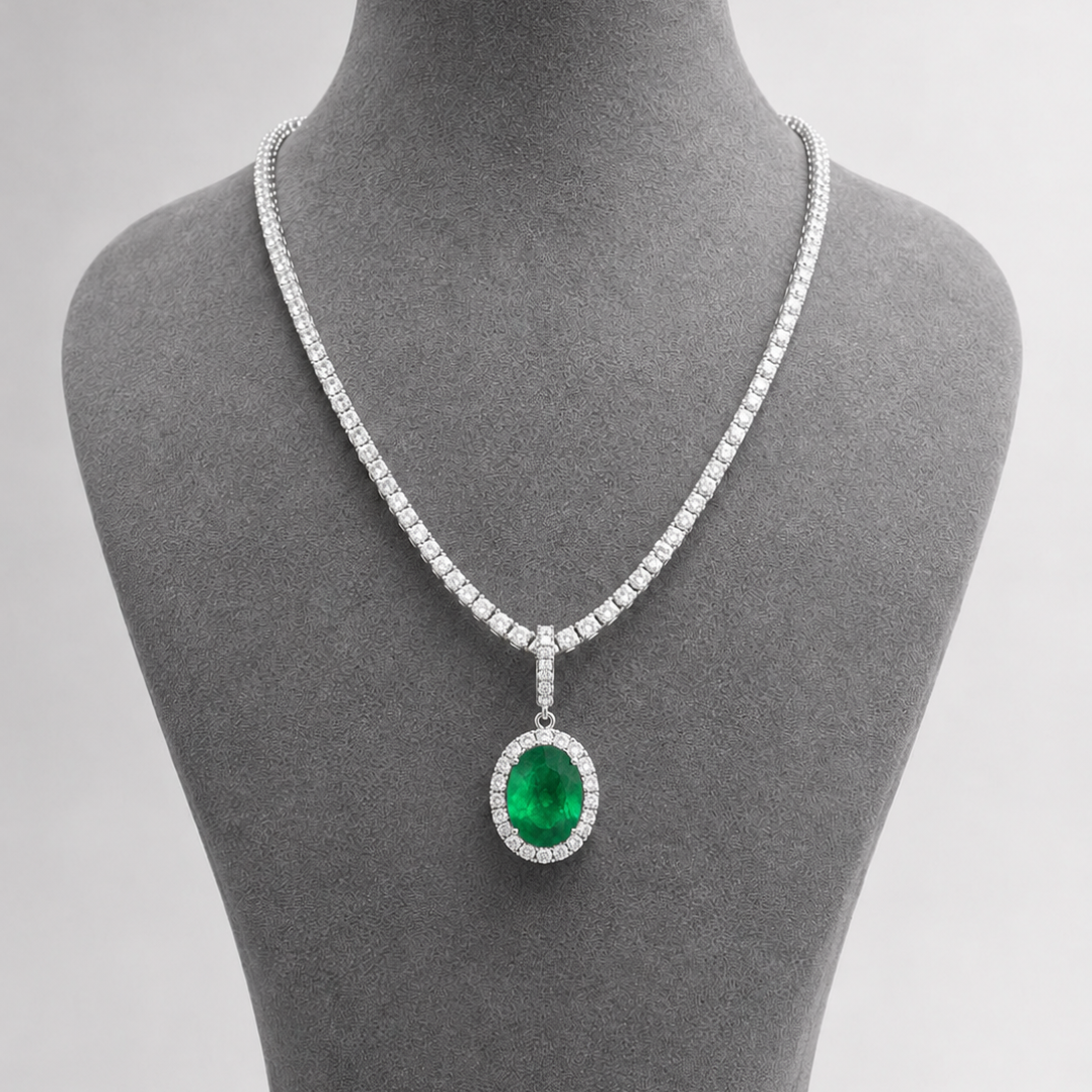 5.30 Carat Natural Emerald and Diamond Halo Design Charm Necklace