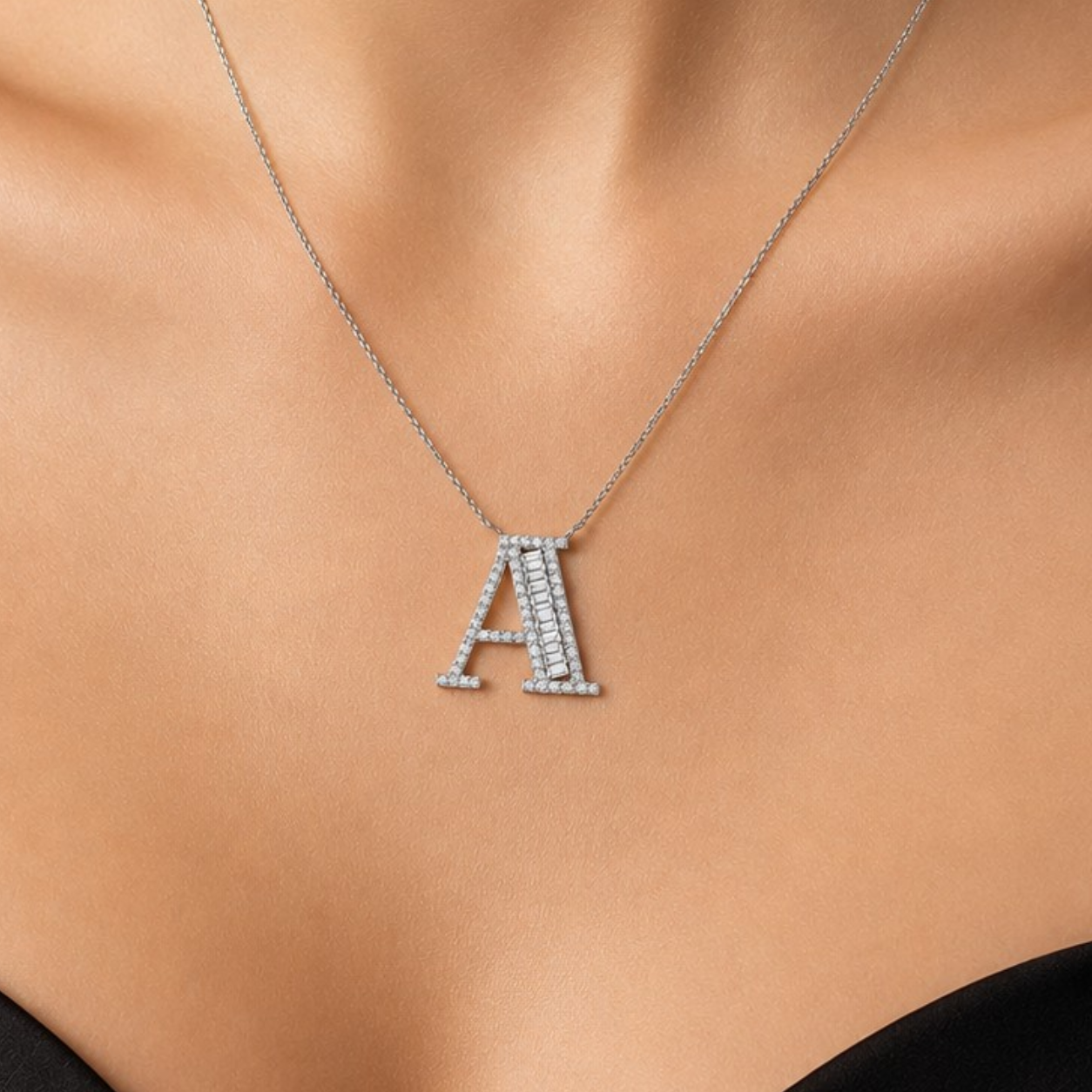 Personalized Baguette A Initial 0.35 Carat Natural Diamond Necklace