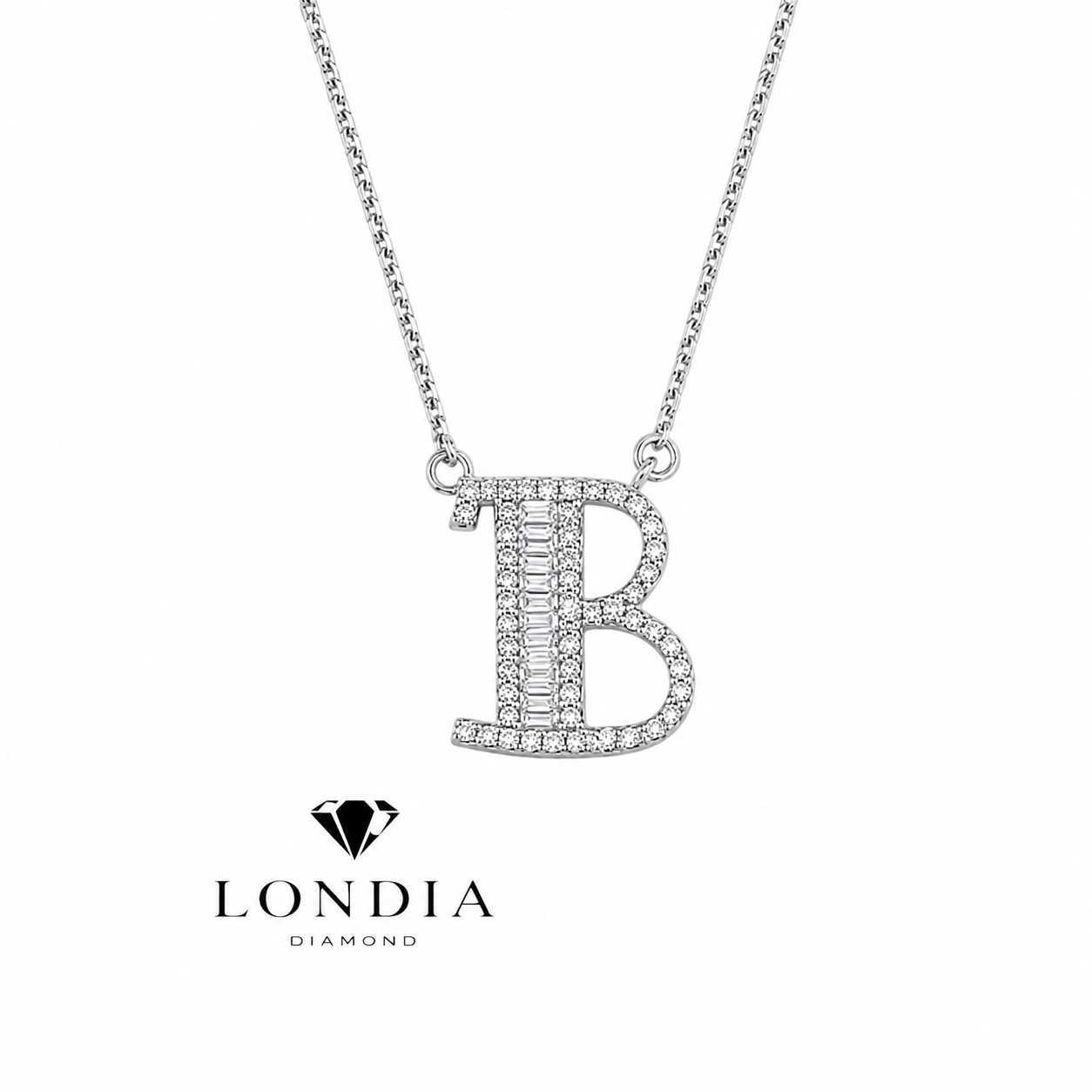 Personalized Baguette B Initial 0.35 Carat Natural Diamond Necklace