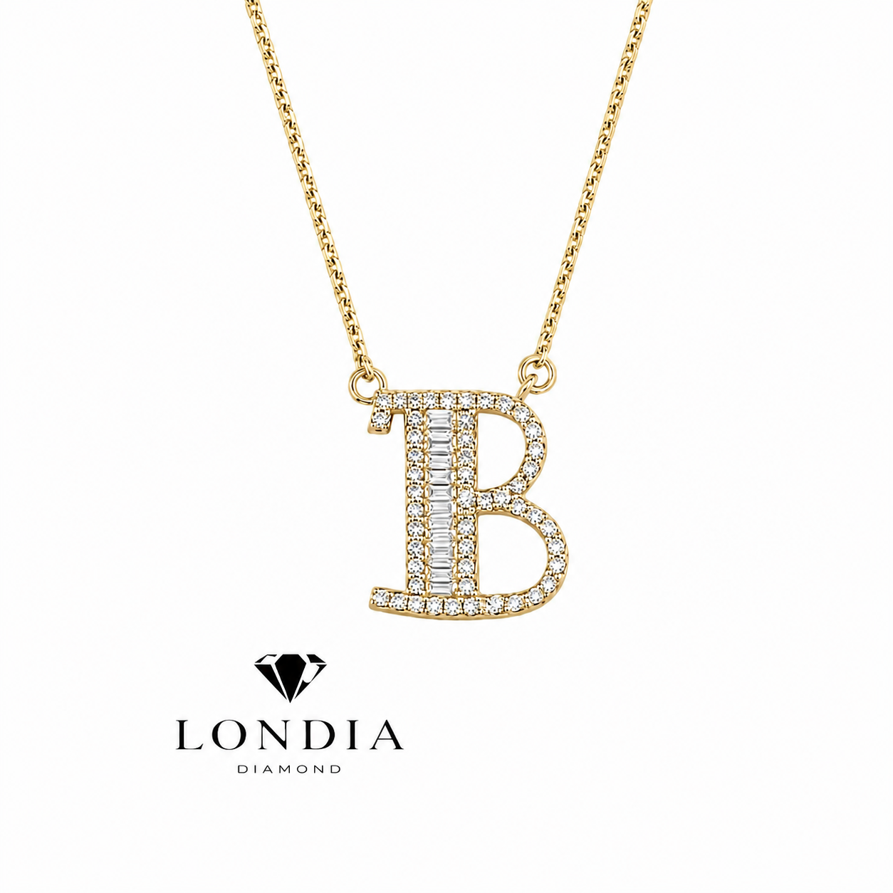 Personalized Baguette B Initial 0.35 Carat Natural Diamond Necklace
