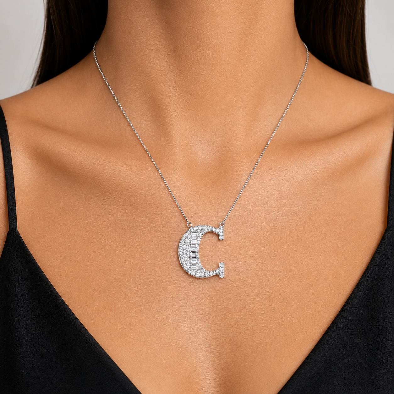 Personalized Baguette C Initial 0.35 Carat Natural Diamond Necklace
