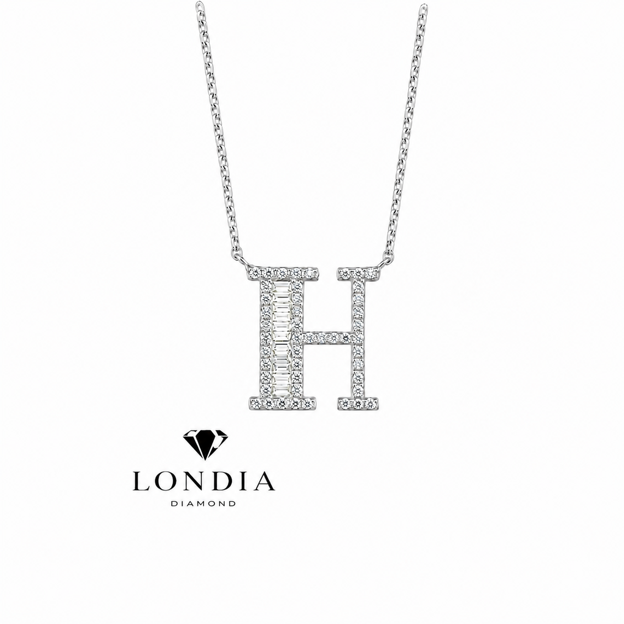 Personalized Baguette H Initial 0.45 Carat Natural Diamond Necklace