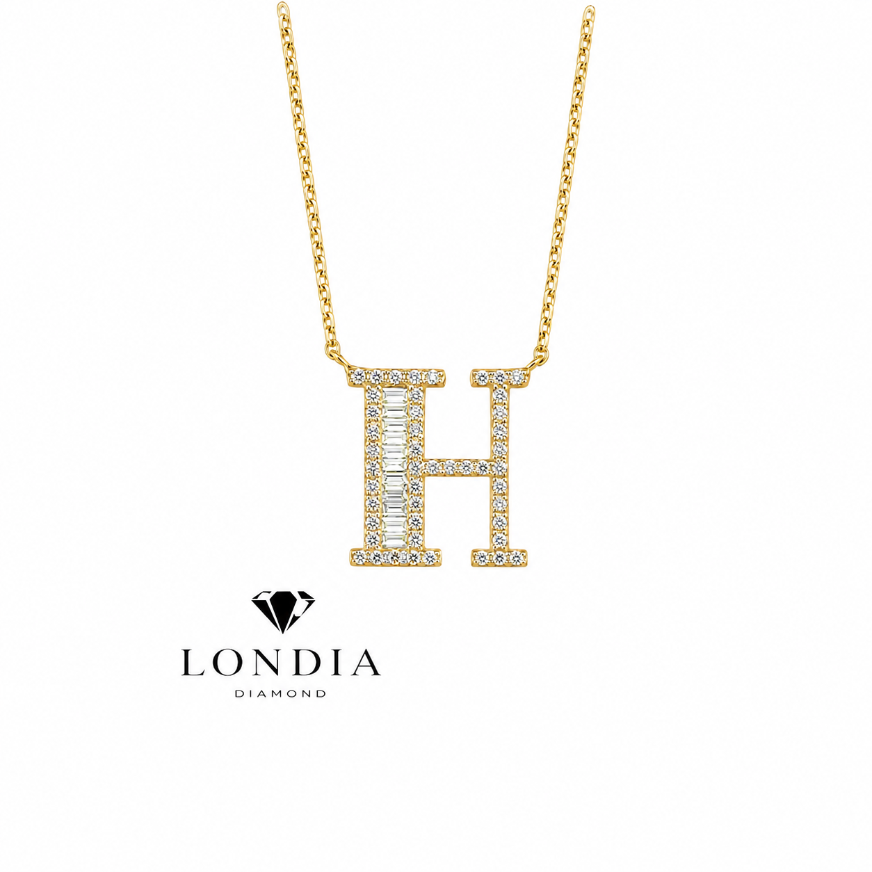 Personalized Baguette H Initial 0.45 Carat Natural Diamond Necklace