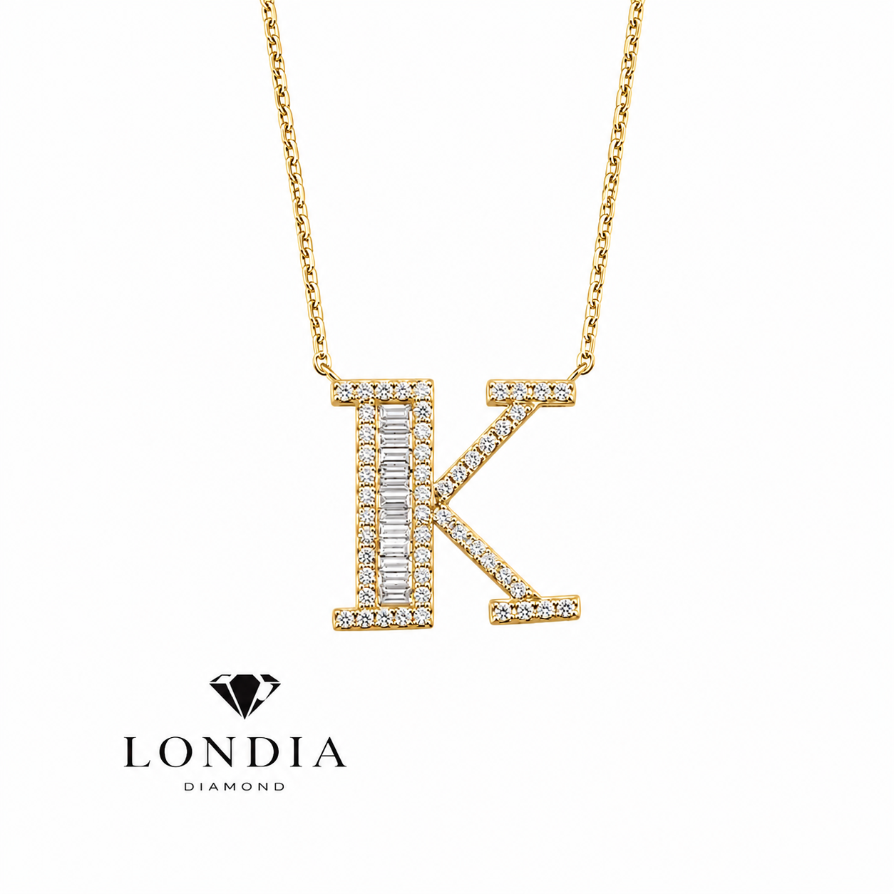 Personalized Baguette K Initial 0.45 Carat Natural Diamond Necklace