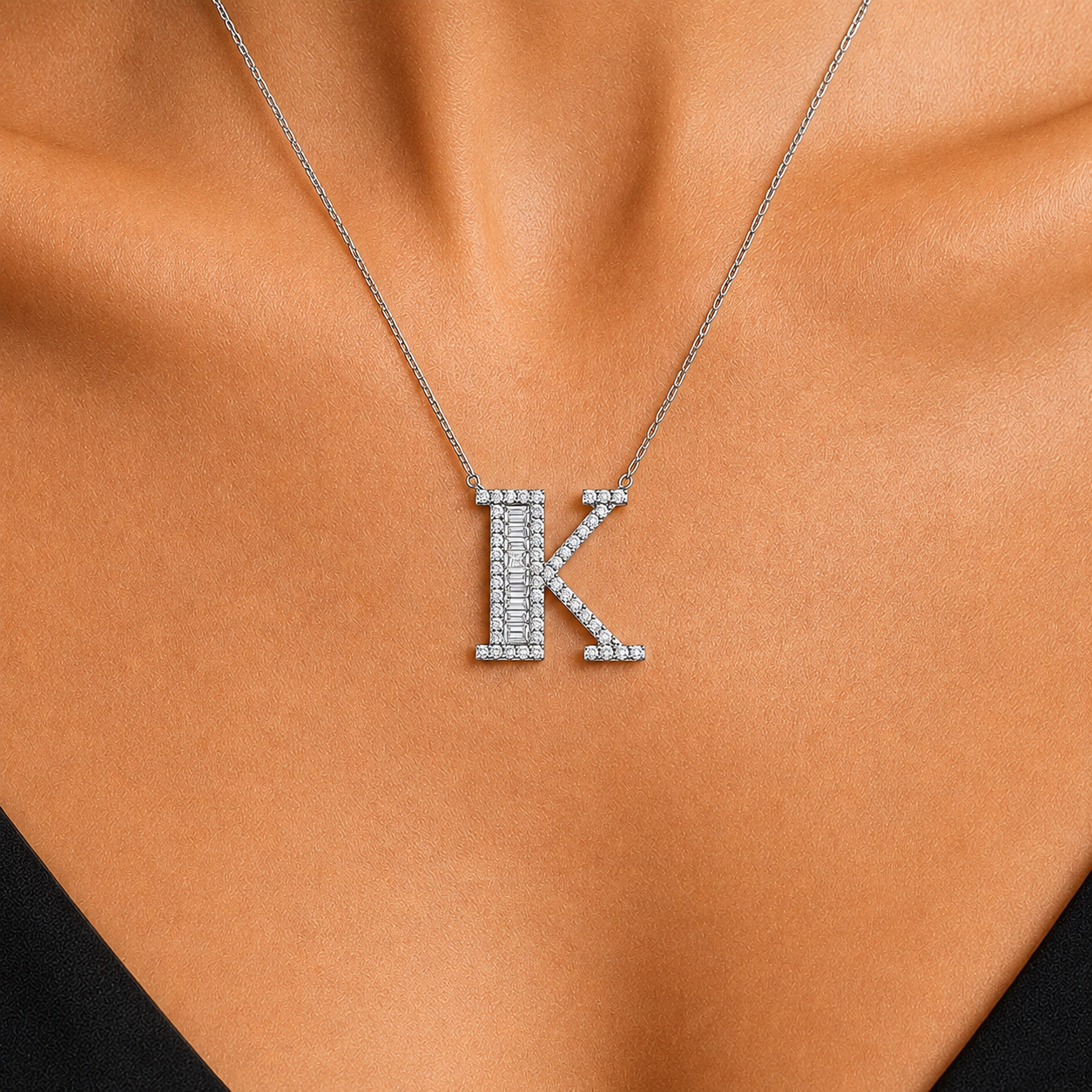 Personalized Baguette K Initial 0.45 Carat Natural Diamond Necklace