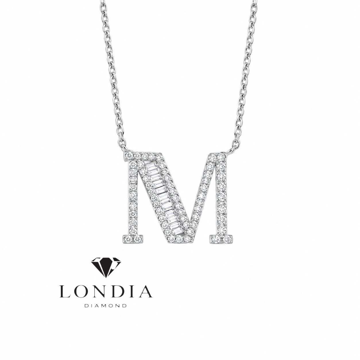 Personalized Baguette M Initial 0.55 Carat Natural Diamond Necklace