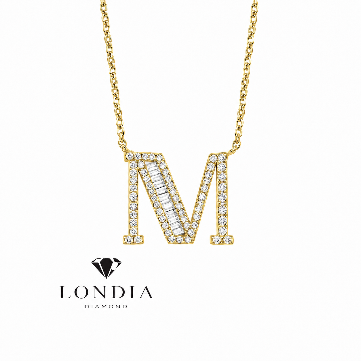 Personalized Baguette M Initial 0.55 Carat Natural Diamond Necklace
