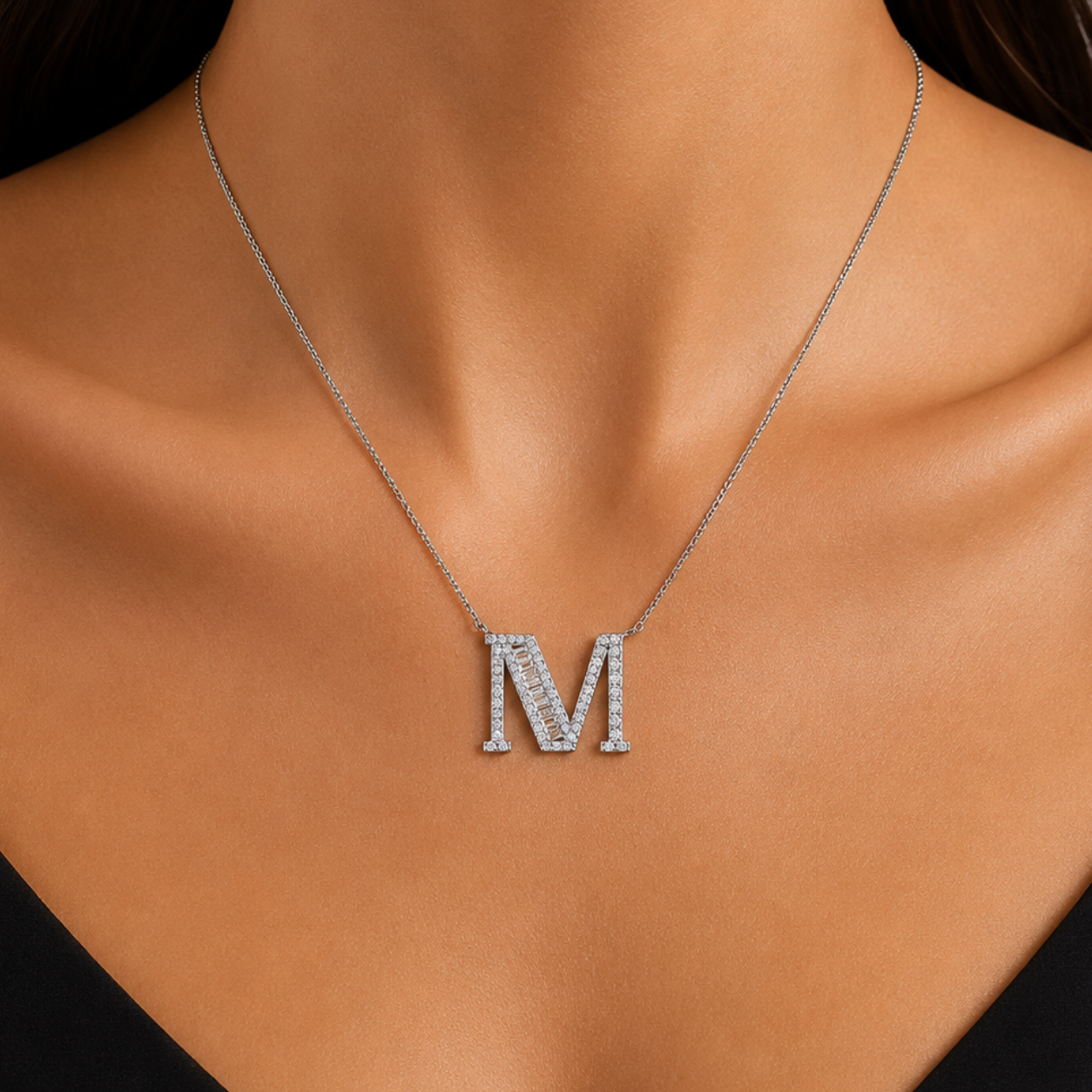 Personalized Baguette M Initial 0.55 Carat Natural Diamond Necklace