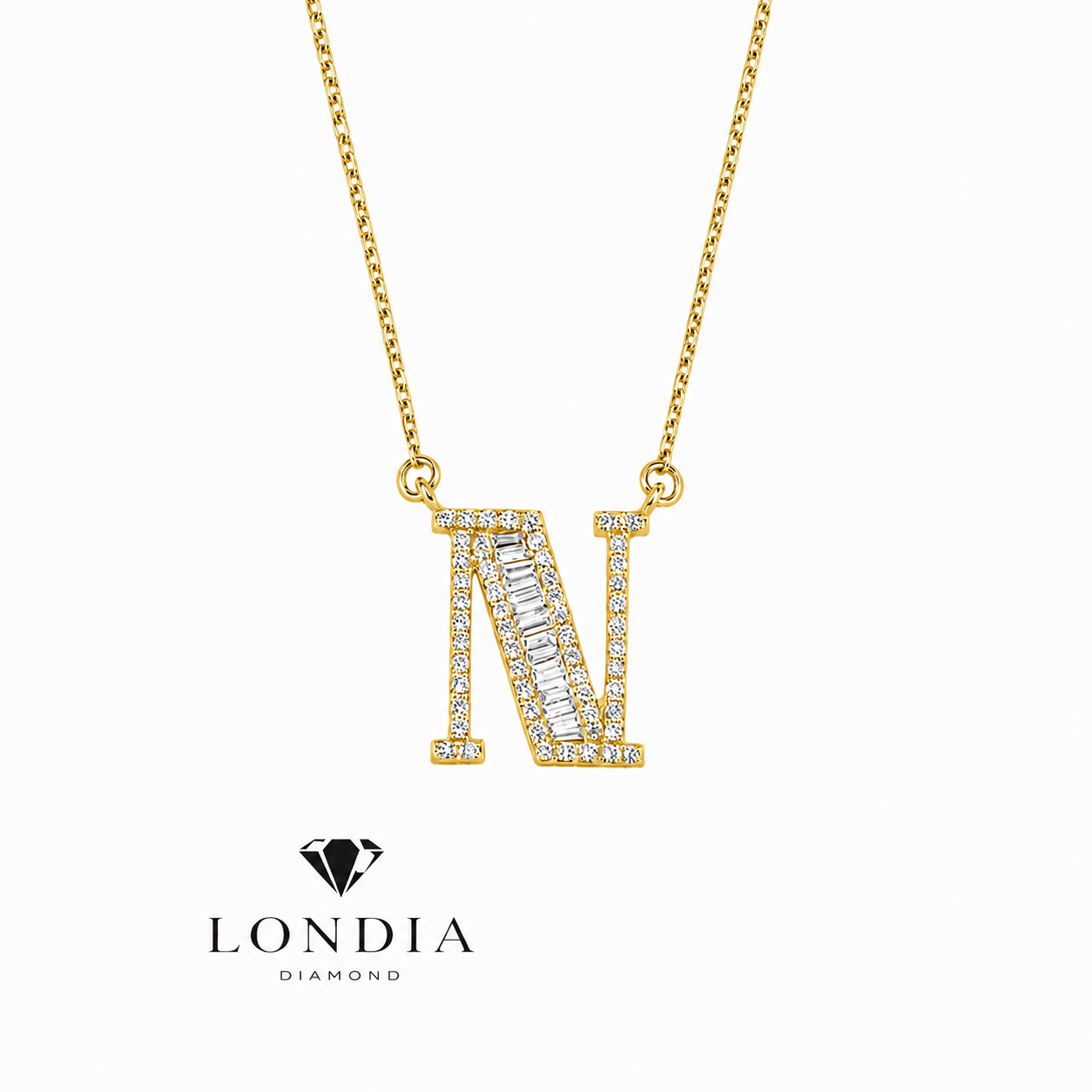 Personalized Baguette N Initial 0.50 Carat Natural Diamond Necklace