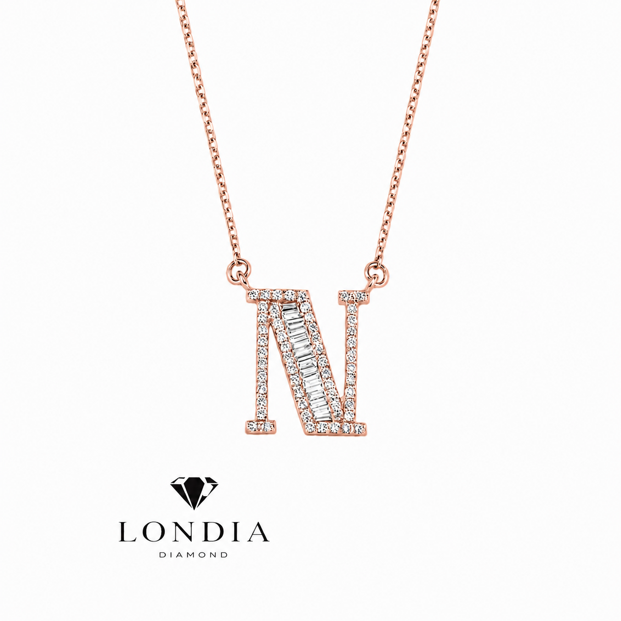 Personalized Baguette N Initial 0.50 Carat Natural Diamond Necklace
