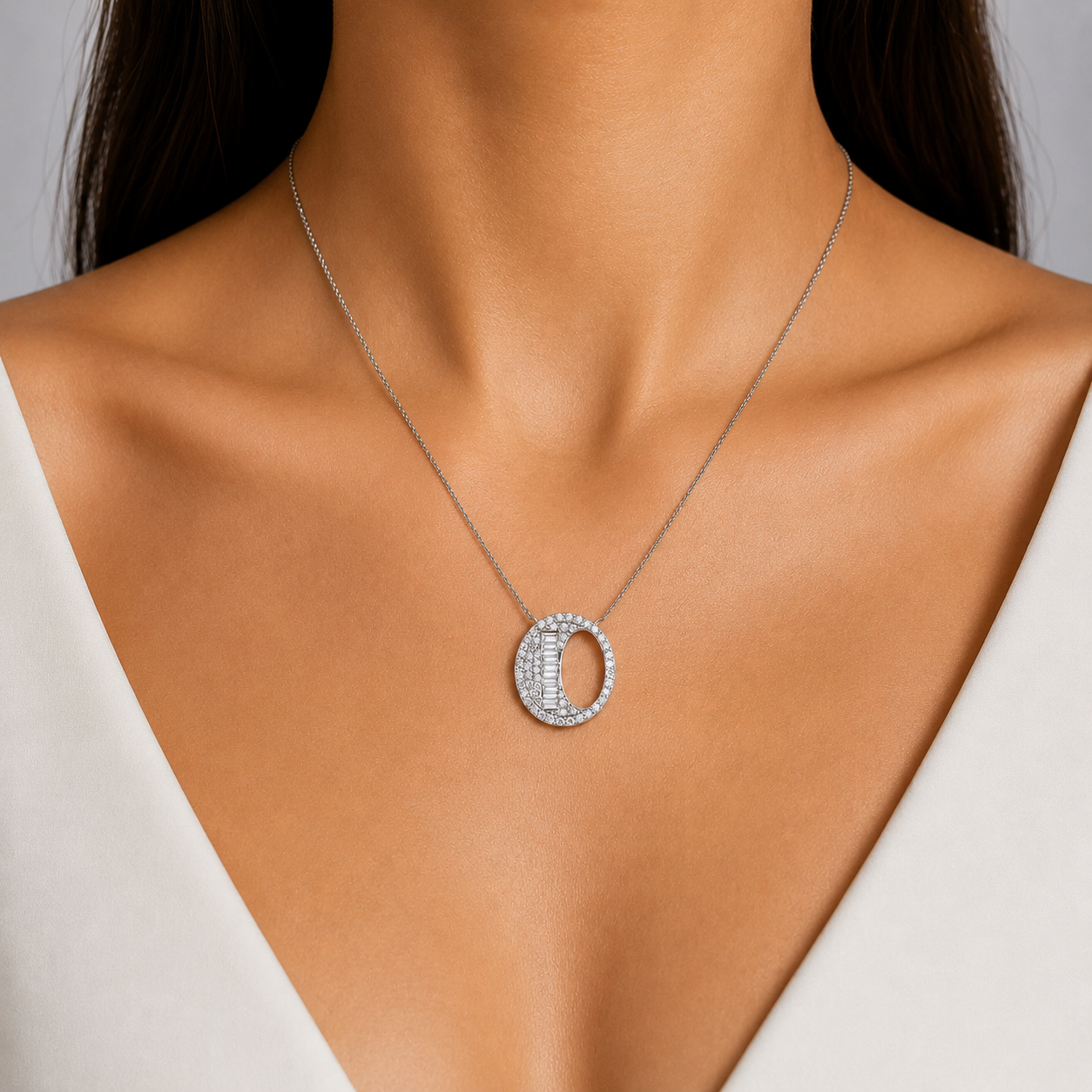 Personalized Baguette O Initial 0.40 Carat Natural Diamond Necklace