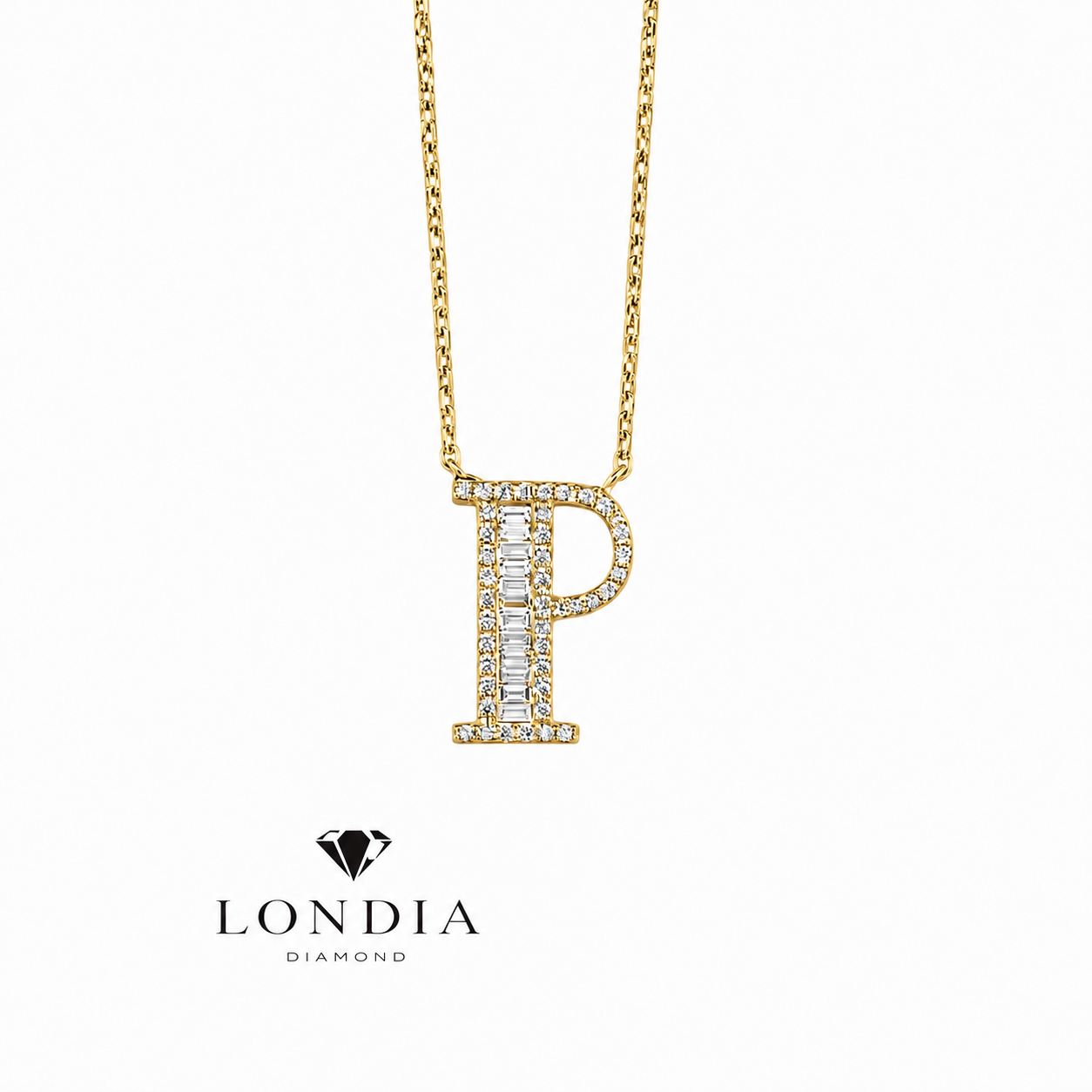 Personalized Baguette P Initial 0.35 Carat Natural Diamond Necklace