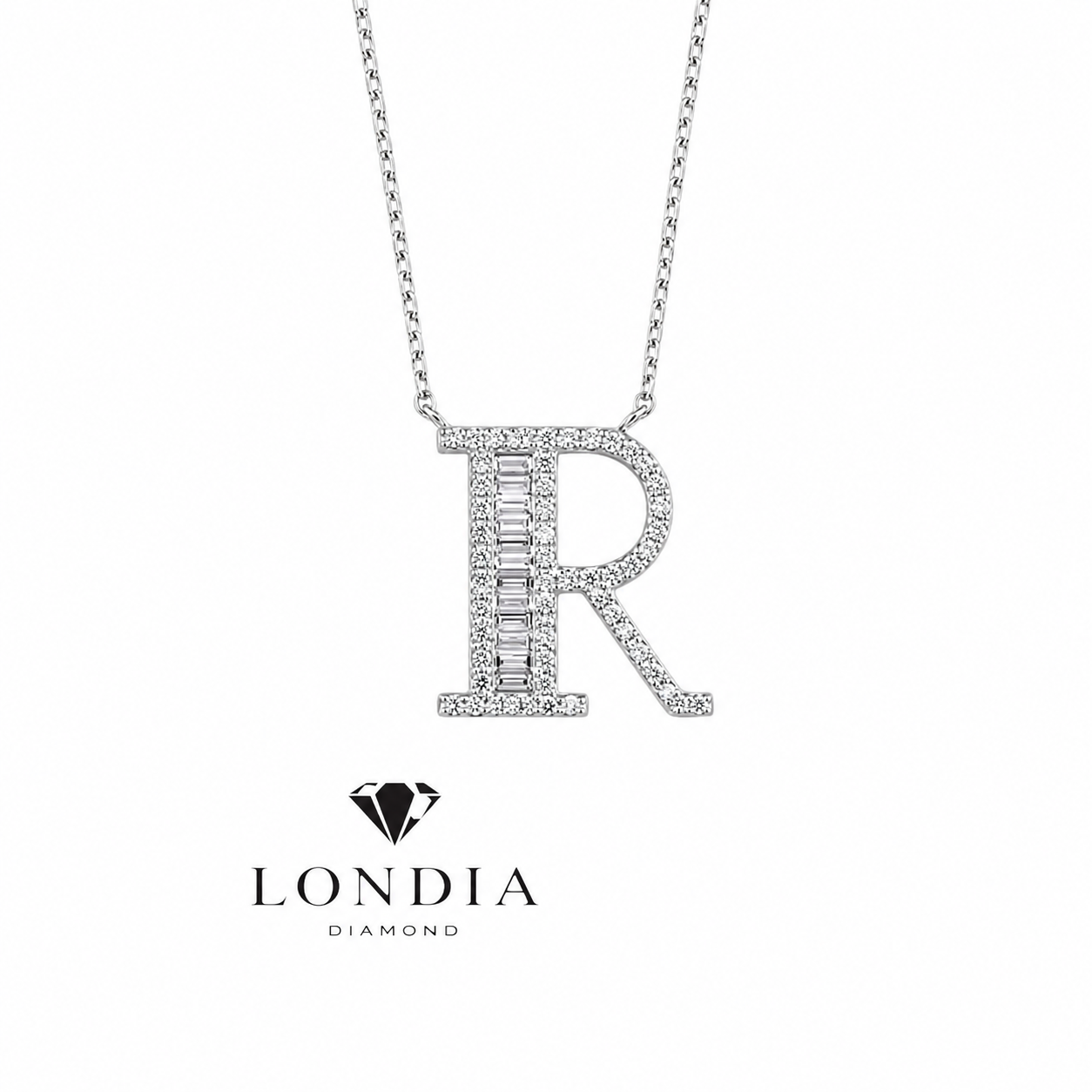 Personalized Baguette R Initial 0.45 Carat Natural Diamond Necklace
