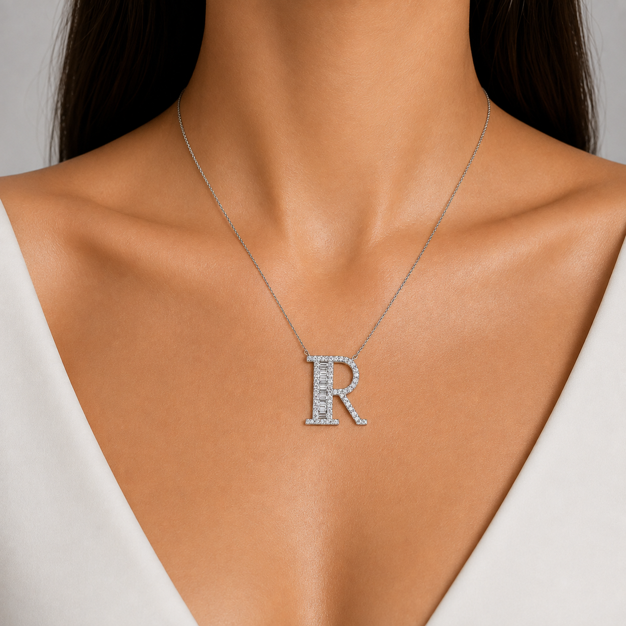 Personalized Baguette R Initial 0.45 Carat Natural Diamond Necklace